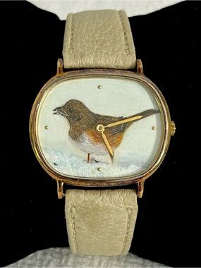VTG Watch Hand Painted Robin Bird Artwork Dial Beige Leather Band New Battery!
